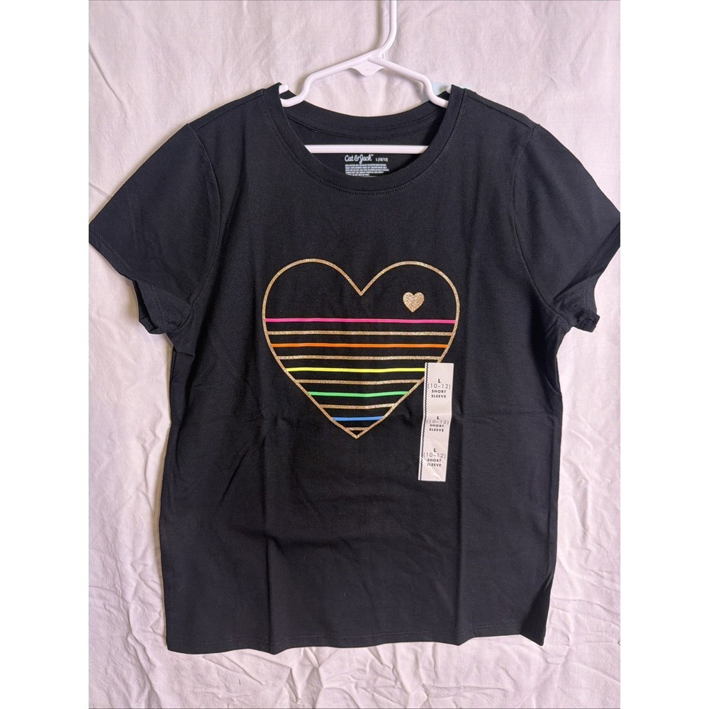 CAT & JACK GIRLS GLITTER HEART TEE SHIRT IN BLACK SIZE L 10-12